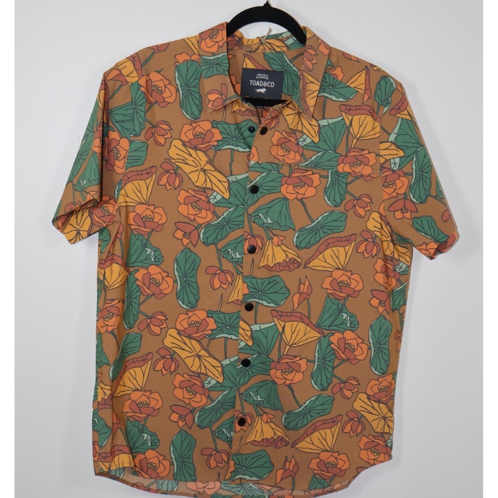 Toad & Co Shirt Men's Medium Yellow Brown Short Sleeve Kelp Lotus Snap Button